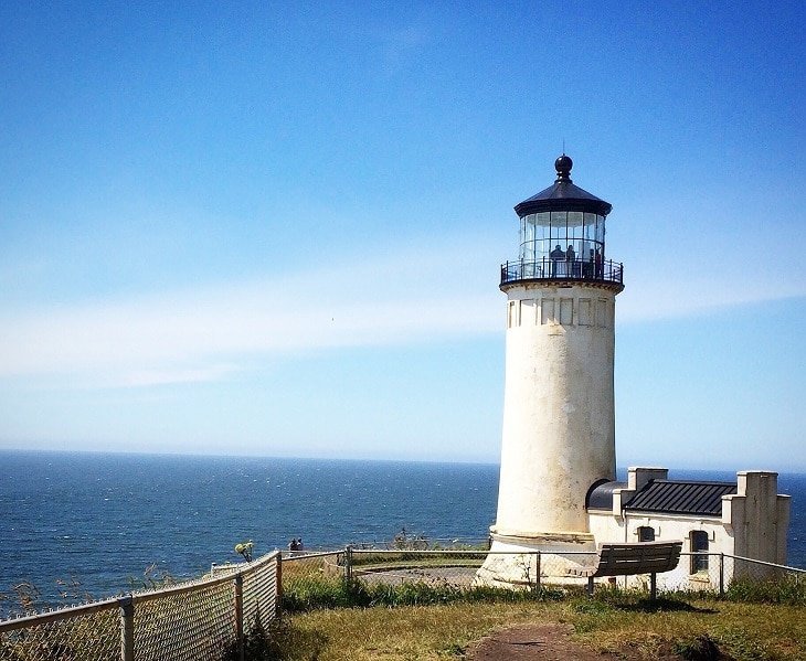 A lighthouse at Cape Disappointment State Park, where campers can find one of the best camping in Washington state