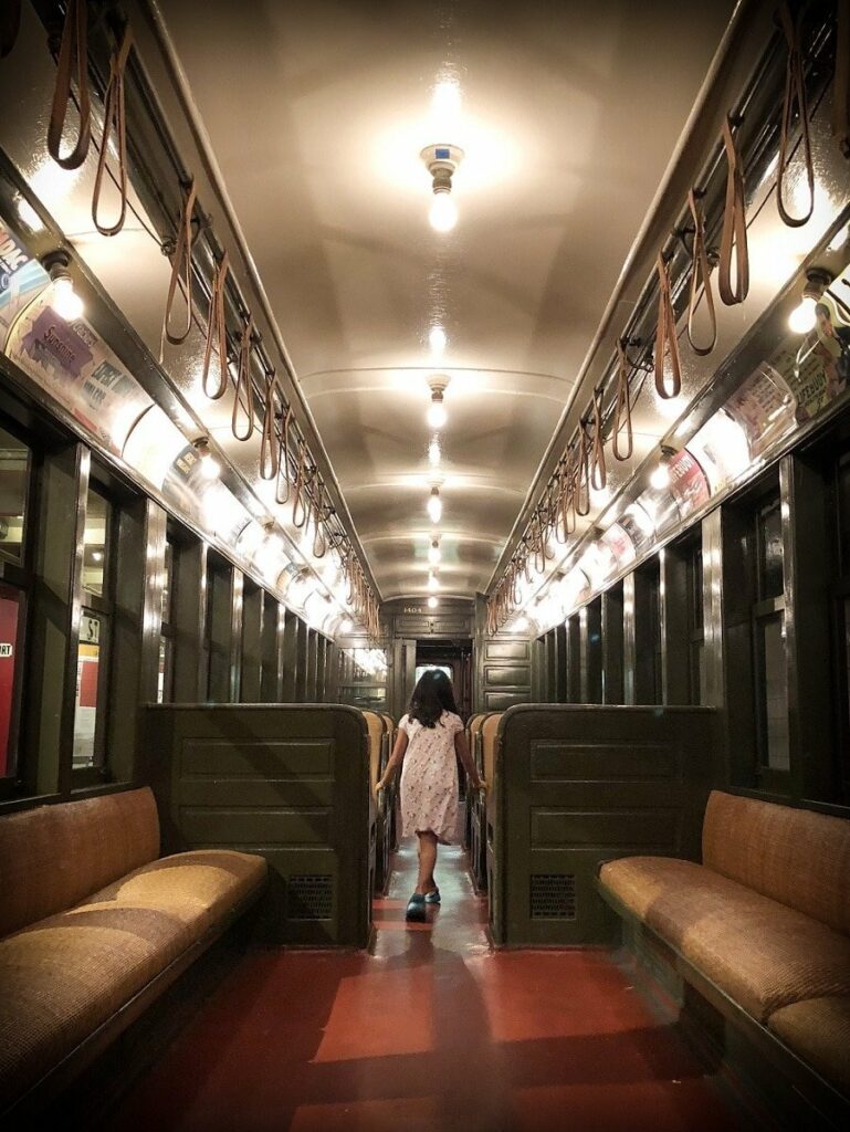 A train car at the New York Transit Museum, a family-friendly Brooklyn transit museum