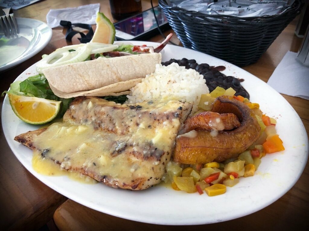 Picture of a typical meal in Costa Rica as part of affordable world travel. Grilled fish with sauce, and plaintains and vegetables, along with rice, black beans, tortilla, and salad.
