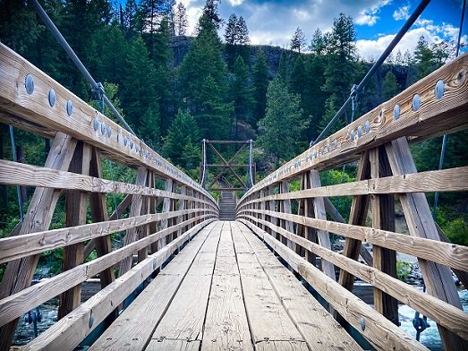Swinging bridge for hiking in Spokane at Bowl and Pitcher, Riverside State Park in Washington