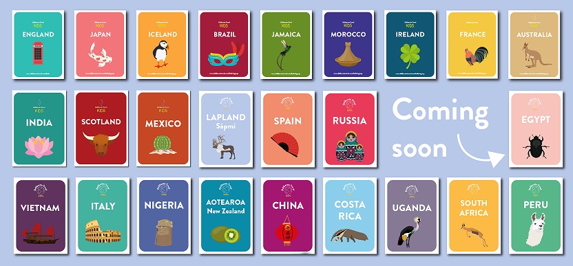 Three rows of country names on cards from Deliberate Travel Kids world cultures curriculum