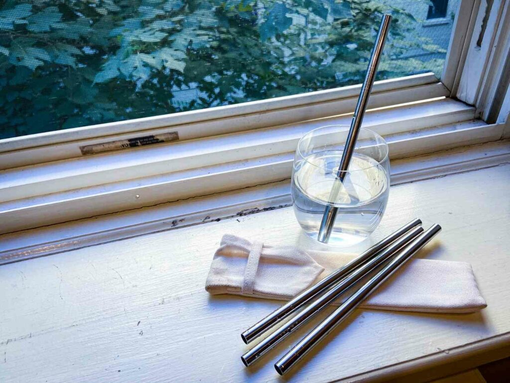 Eco friendly travel products, such as metal straws, for use during travel