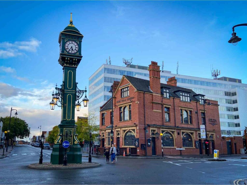 A clock tower and building in the Jewellery Quarter of Birmingham, one of the places to visit in the West Midlands, UK