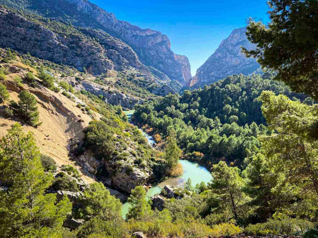 A valley of green trees and shrubs with an aquamarine river running in the middle, and mountains in the background along El Caminito del Rey during an Andalucia road trip