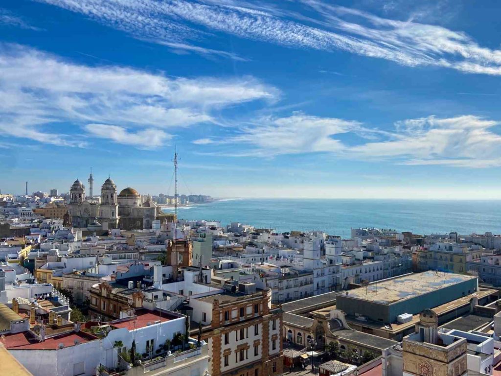 An aerial view of Cadiz, Spain from Torre Tavira during a Cadiz itinerary