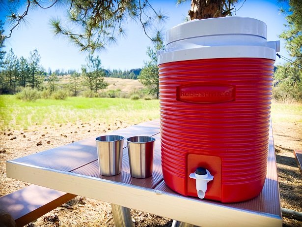 Water jug with filtered water, car camping essentials