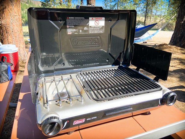 A Coleman camping cook stove, car camping essentials