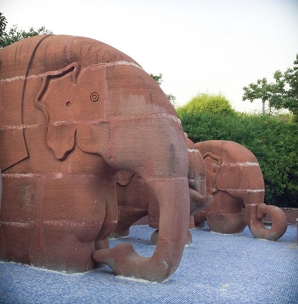 Elephant statues at Garden of Five Senses in Delhi, India, a place to visit in Delhi with kids