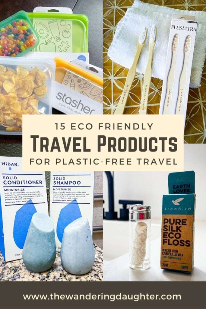 15 Eco Friendly Travel Products For Plastic-Free Travel | The Wandering Daughter |

Pinterest image of eco friendly travel products with text overlay