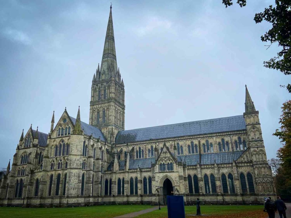 Salisbury Cathedral against a blue sky