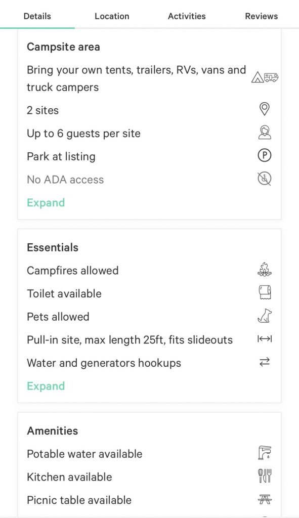 Examples of amenities listed on a campsite on the Hipcamp app