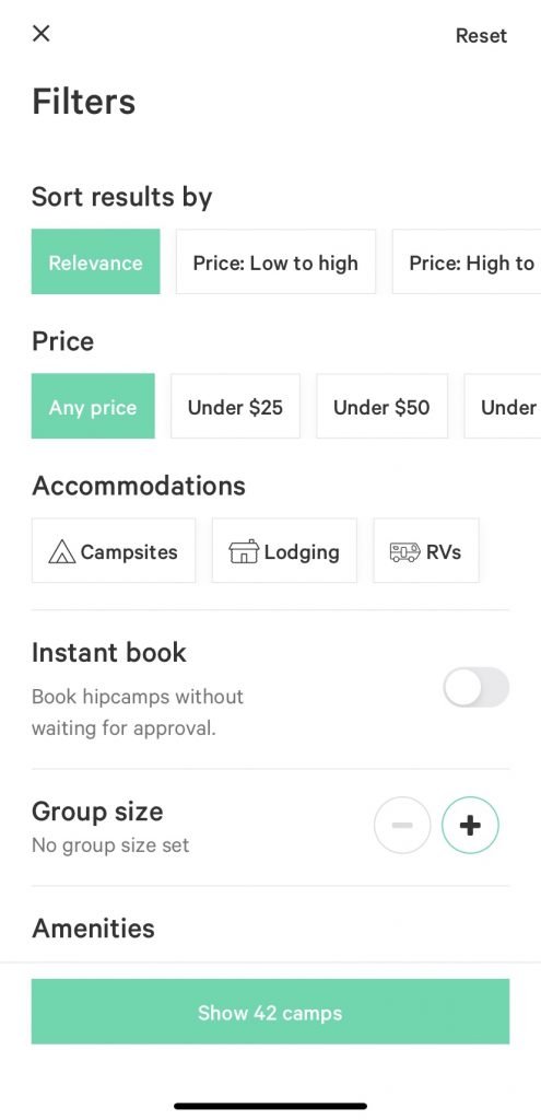 Filters on the Hipcamp app 