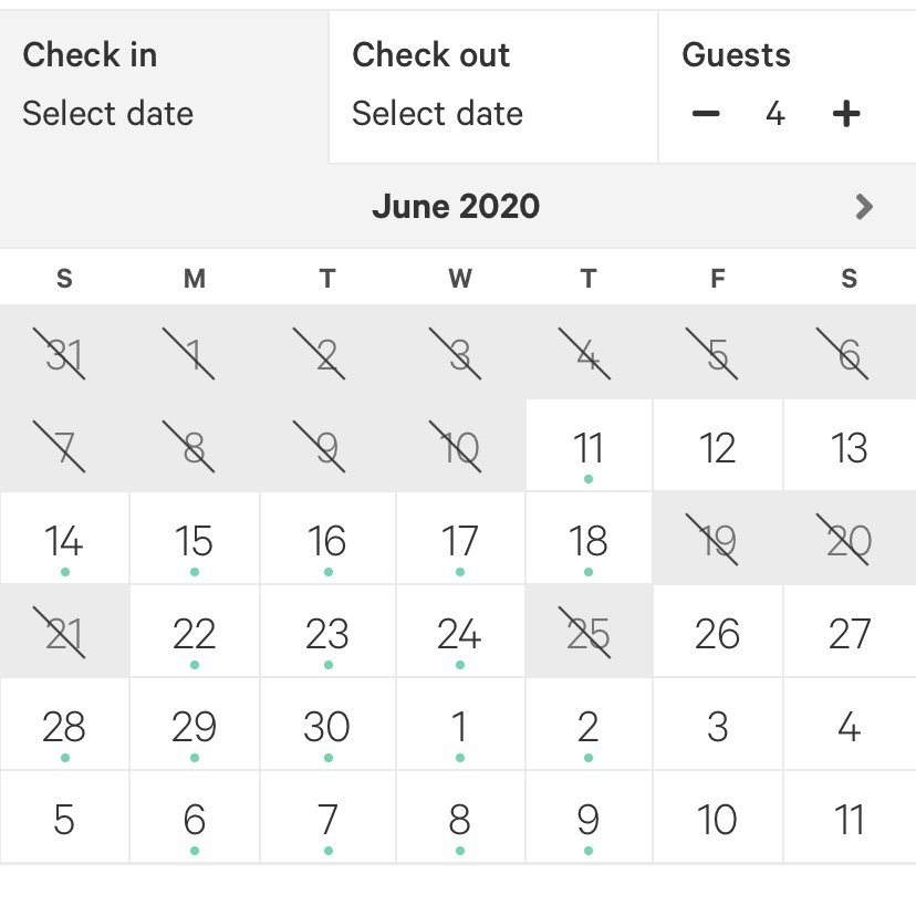 A calendar on the Hipcamp app showing dates of availability