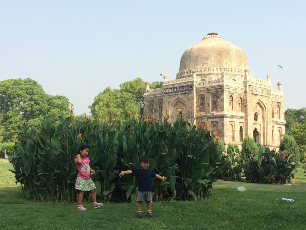 Kids at Lodi Garden in Delhi, India, traveling internationally with kids
