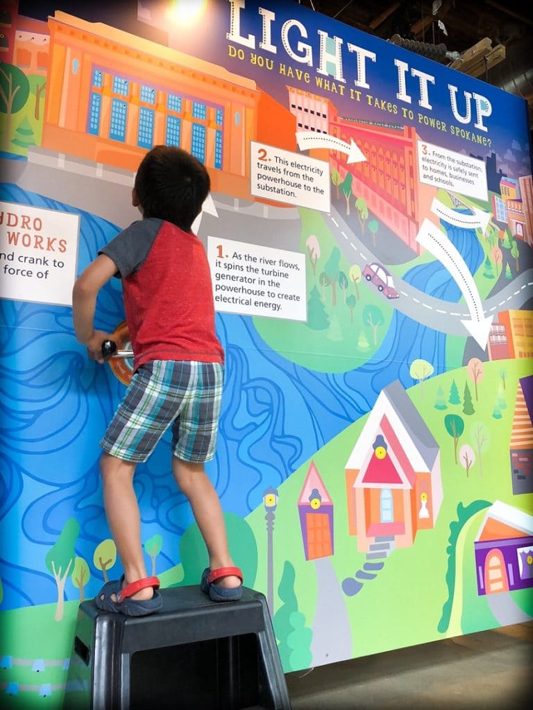 A child playing with an electricity exhibit at a science center, an example of family friendly Spokane activities