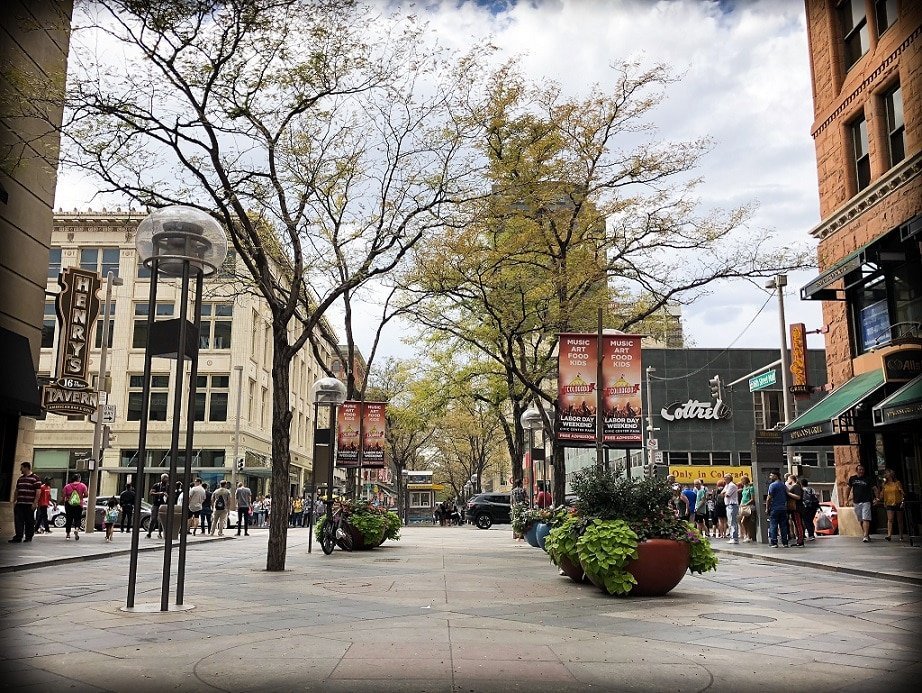 A view of a pedestrian walkway, with large potted plants and trees. Buildings line the walkway. The 16th Street Mall is one of the family friendly Denver experiences that are popular with locals.
