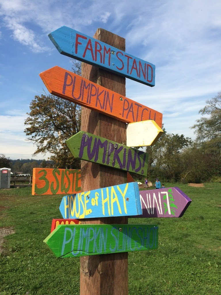 Colorful signs at Oxbow Farms in Carnation, Washington, where families can go for Seattle day trips