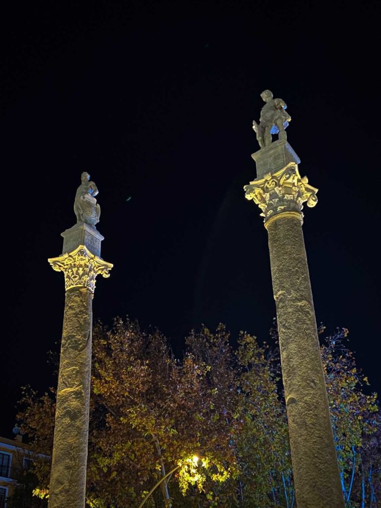 Two columns with statues against a black night sky