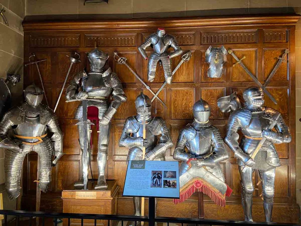 A display of armor for knights at Warwick Castle, one of the places to visit in the West Midlands, UK