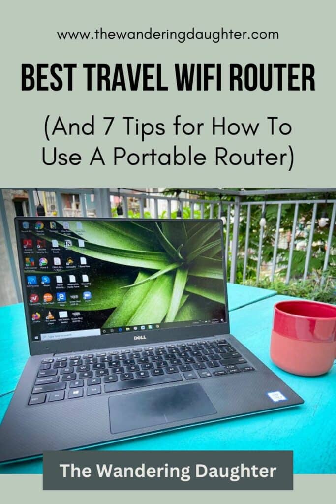 Best travel WiFi router (and 7 tips for how to use a portable router) | The Wandering Daughter | Pinterest image of an open laptop on a blue table with a red mug next to it. Pin title and text is at the top of the image.